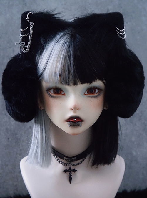 Black Cat Ears Metal Hollow Cross Chain Decoration Autumn Winter Warm Plush Classic Lolita Ear Muff