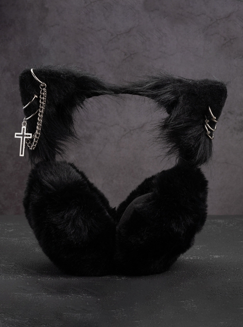 Black Cat Ears Metal Hollow Cross Chain Decoration Autumn Winter Warm Plush Classic Lolita Ear Muff