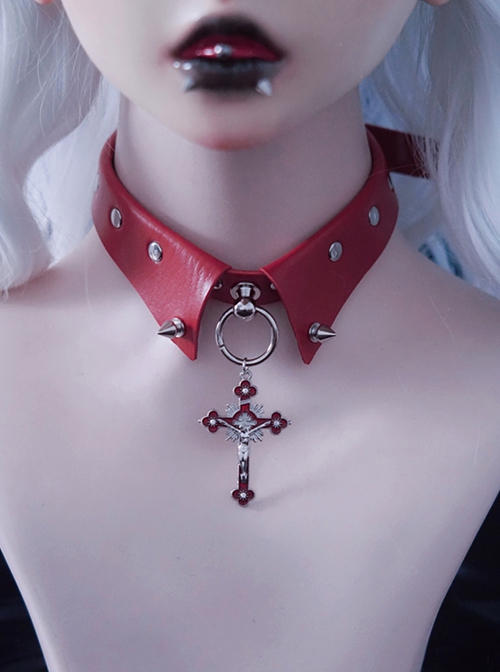 Punk Cool Girls Metal Stud Red Cross False Collar Punk Lolita Necklace