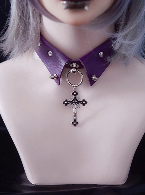 Black Metal Cross Handmade Purple Leather Metal Studs False Collar Punk Lolita Necklace