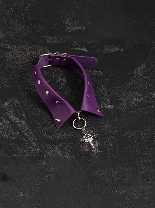 Black Metal Cross Handmade Purple Leather Metal Studs False Collar Punk Lolita Necklace