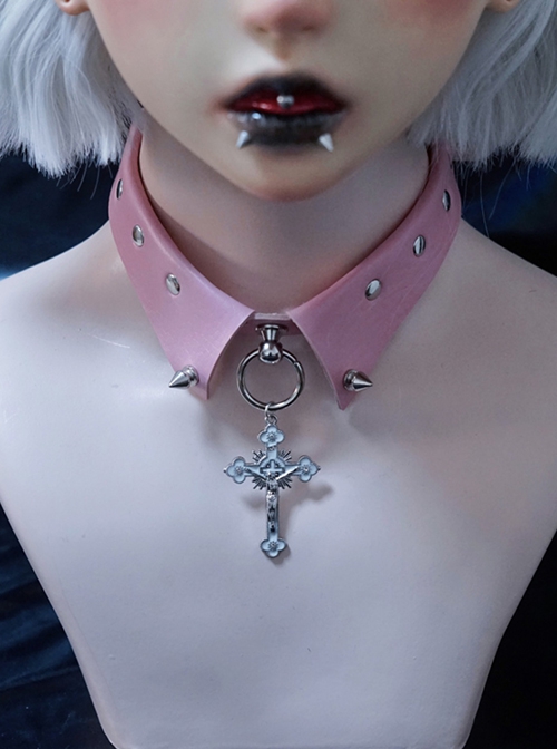 Pink Sweet Cool Leather False Collar Metal Rivet Cross Decoration Punk Lolita Necklace