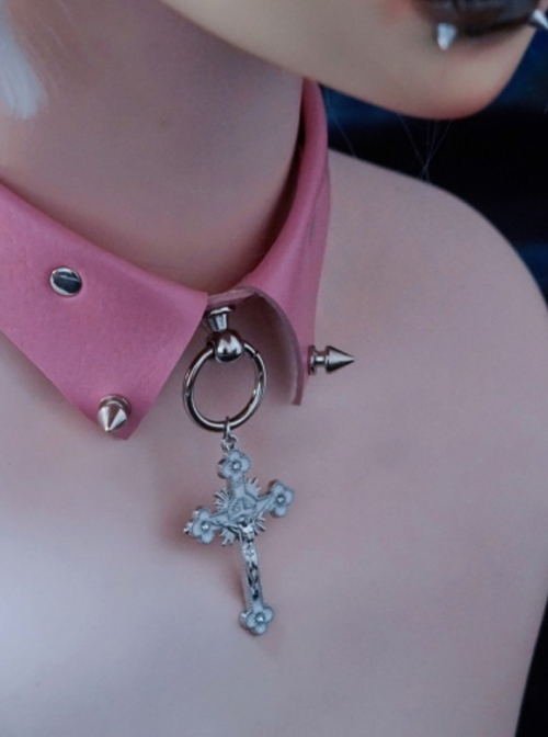 Pink Sweet Cool Leather False Collar Metal Rivet Cross Decoration Punk Lolita Necklace