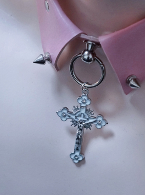 Pink Sweet Cool Leather False Collar Metal Rivet Cross Decoration Punk Lolita Necklace