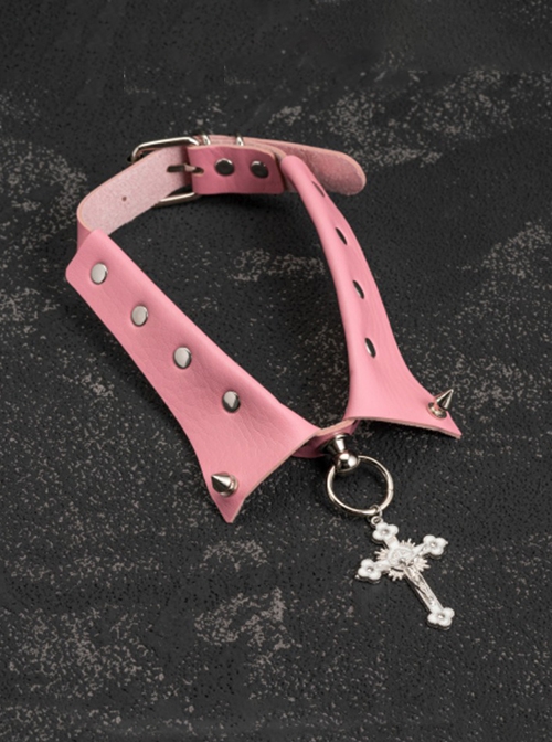 Pink Sweet Cool Leather False Collar Metal Rivet Cross Decoration Punk Lolita Necklace