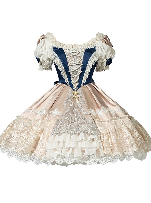 Elizabethan Coronation Series Elegant Puff Sleeve Lace Ruffle Hem Pearl Embellished Classic Lolita Short Sleeve Dress