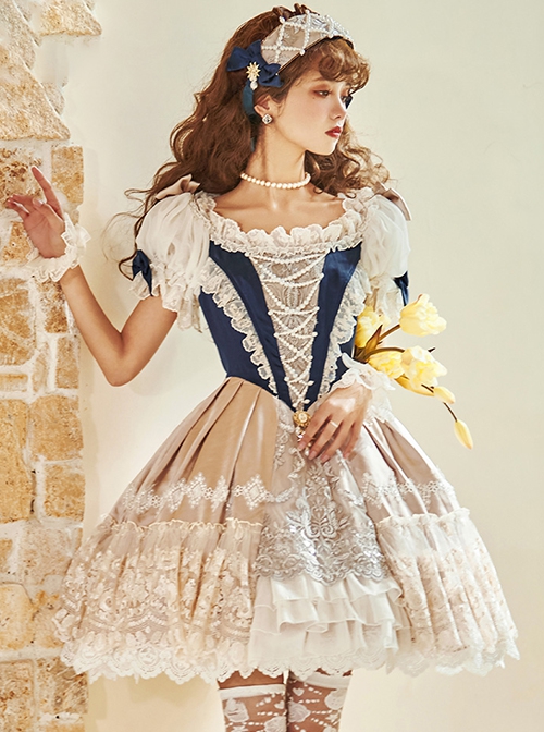 Elizabethan Coronation Series Elegant Puff Sleeve Lace Ruffle Hem Pearl Embellished Classic Lolita Short Sleeve Dress