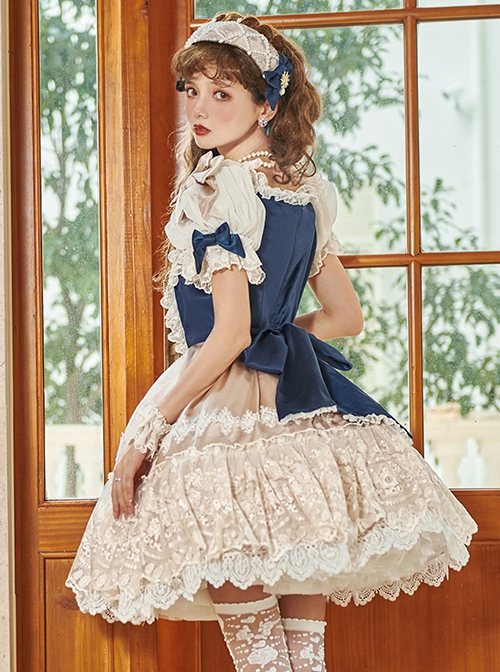 Elizabethan Coronation Series Elegant Puff Sleeve Lace Ruffle Hem Pearl Embellished Classic Lolita Short Sleeve Dress