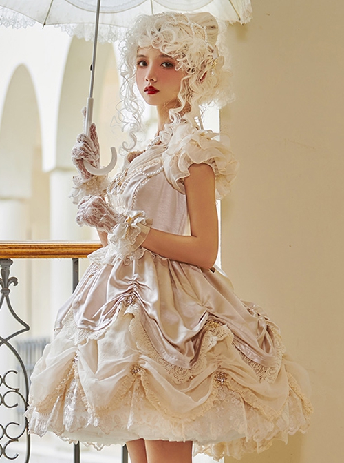 Elizabeth Little Star Flower Series Pure Color Satin Handmade Cross Star Pearl Palace Elegant Classic Lolita Short-Sleeved Dress