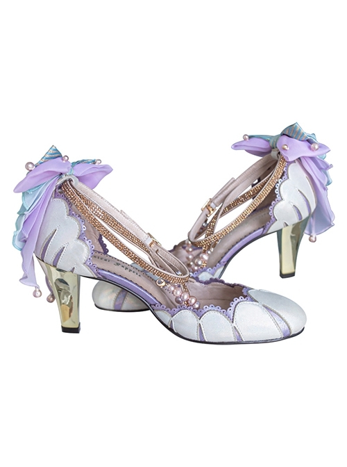 Seashell Natural Freshwater Pearl Embellished Lambskin Lace-Up Classic Lolita Shoes