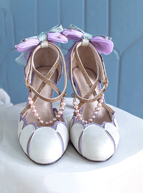 Seashell Natural Freshwater Pearl Embellished Lambskin Lace-Up Classic Lolita Shoes