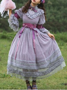 Purple Stand-Up Collar Lantern Sleeves Grid Hollow Lace Polka Dot Hem Design Classic Lolita Long-Sleeved Dress