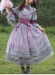 Purple Stand-Up Collar Lantern Sleeves Grid Hollow Lace Polka Dot Hem Design Classic Lolita Long-Sleeved Dress