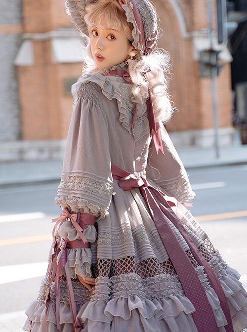 Stand Collar Lace Lantern Sleeve Detachable Bow-Knot Tie Hollow Grid Bow-Knot Hem Design Classic Lolita Long Sleeve Dress