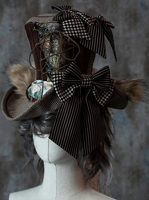 Steampunk Style Striped Rhombus Print Bow-Knot Plush Wolf Ears Daisy Embroidery Ribbon Lace-Up Punk Lolita Hat