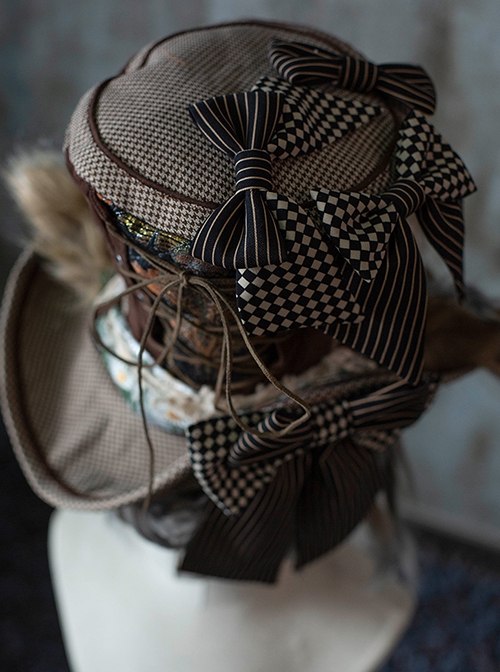 Steampunk Style Striped Rhombus Print Bow-Knot Plush Wolf Ears Daisy Embroidery Ribbon Lace-Up Punk Lolita Hat