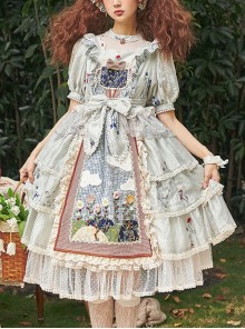 Big White Goose Yaya Series Round Neck Flower Embroidered Plaid Apron Stitching Polka Dot Lace Hem Classic Lolita Short-Sleeved Dress