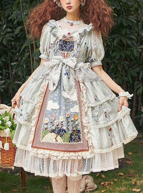 Big White Goose Yaya Series Round Neck Flower Embroidered Plaid Apron Stitching Polka Dot Lace Hem Classic Lolita Short-Sleeved Dress