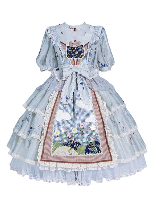 Big White Goose Yaya Series Round Neck Flower Embroidered Plaid Apron Stitching Polka Dot Lace Hem Classic Lolita Short-Sleeved Dress