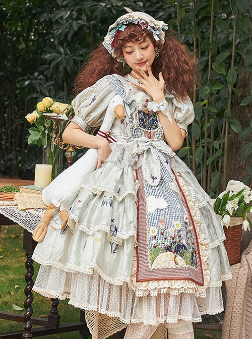 Big White Goose Yaya Series Round Neck Flower Embroidered Plaid Apron Stitching Polka Dot Lace Hem Classic Lolita Short-Sleeved Dress