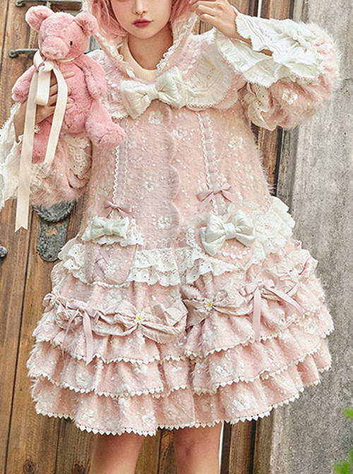 Pink Sweet Autumn Winter Detachable Hat Shawl Sequin Bow-Knot Decoration Sweet Lolita Long-Sleeved Coat