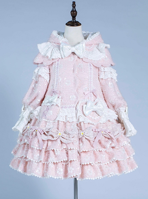 Pink Sweet Autumn Winter Detachable Hat Shawl Sequin Bow-Knot Decoration Sweet Lolita Long-Sleeved Coat
