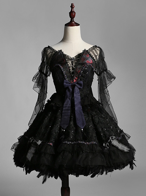 Black Upper Body Fake Two Piece Design Dark Elegant Sexy Halter Hem Feather Detachable Gothic Lolita Short Sleeve Dress