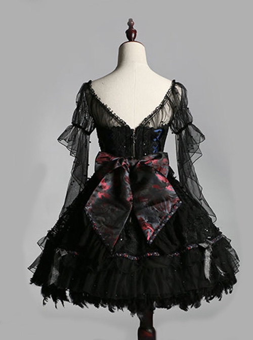 Black Upper Body Fake Two Piece Design Dark Elegant Sexy Halter Hem Feather Detachable Gothic Lolita Short Sleeve Dress