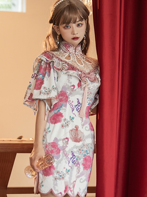 Victoria Garden Series Stand Collar Lace Hollow Chinese Style Modified Cheongsam Printed Tassel Decorated Classic Lolita Short-Sleeved Dress