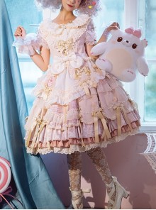 Pink-White Sweet Round Neck Puff Sleeve Hollow Back Detachable Apron Lace Flower Embroidery Bow-Knot Decoration Sweet Lolita Short Sleeve Dress