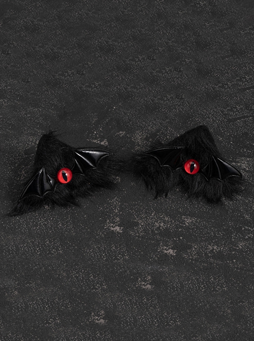 Black Plush Cat Ears Bat Wings Red Eyeballs Halloween Gothic Lolita Hair Clip