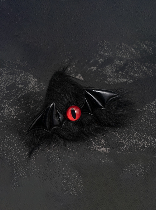 Black Plush Cat Ears Bat Wings Red Eyeballs Halloween Gothic Lolita Hair Clip