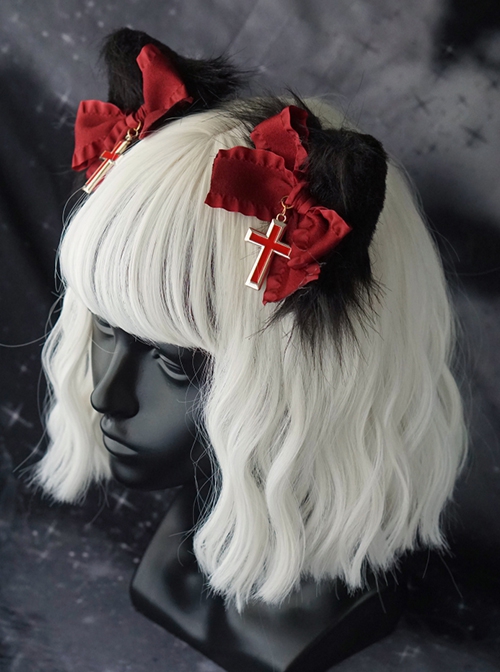 Handmade Plush Cat Ears Red Bow Knot Cross Halloween Gothic Lolita Hair Clip