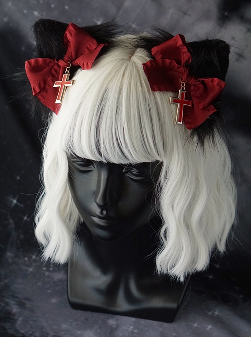 Handmade Plush Cat Ears Red Bow Knot Cross Halloween Gothic Lolita Hair Clip