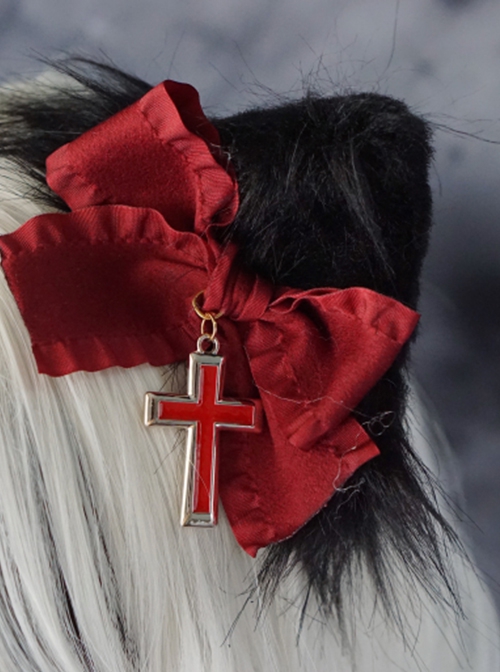 Handmade Plush Cat Ears Red Bow Knot Cross Halloween Gothic Lolita Hair Clip