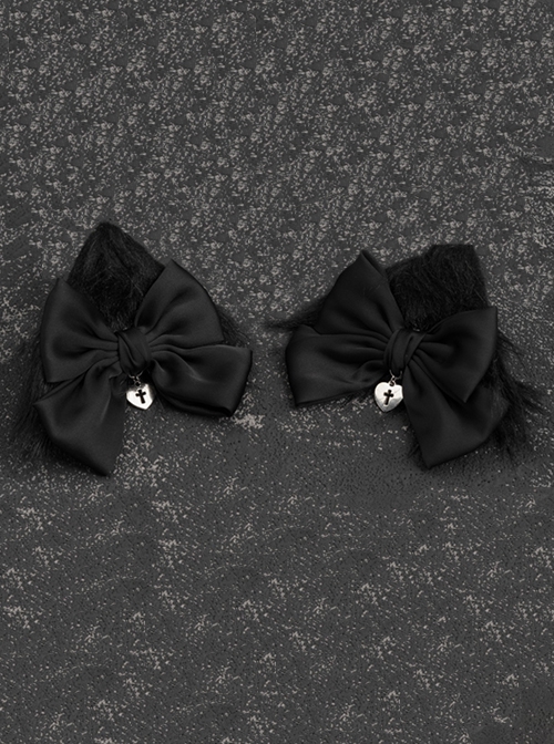 Black Satin Ribbon Bow-Knot Metal Love Cross Cutout Decoration Plush Cat Ears Gothic Lolita Hair Clip