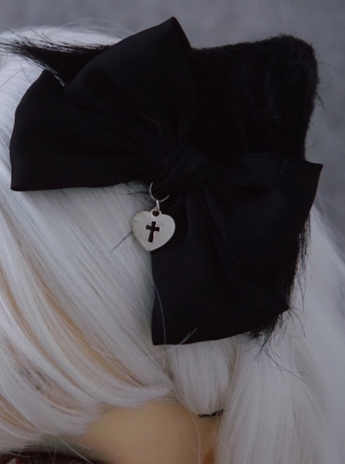 Black Satin Ribbon Bow-Knot Metal Love Cross Cutout Decoration Plush Cat Ears Gothic Lolita Hair Clip