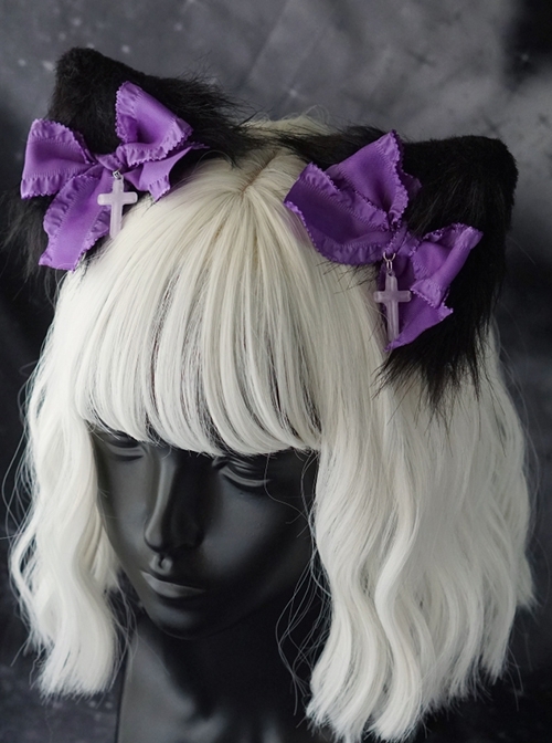 Purple Bow-Knot Cross Decoration Black Handmade Plush Cat Ears Halloween Gothic Lolita Hair Clip