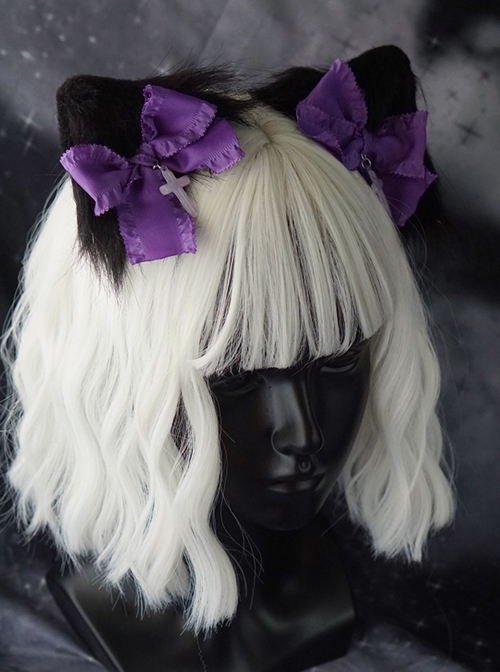 Purple Bow-Knot Cross Decoration Black Handmade Plush Cat Ears Halloween Gothic Lolita Hair Clip