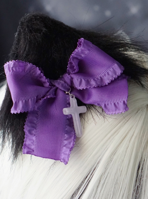 Purple Bow-Knot Cross Decoration Black Handmade Plush Cat Ears Halloween Gothic Lolita Hair Clip