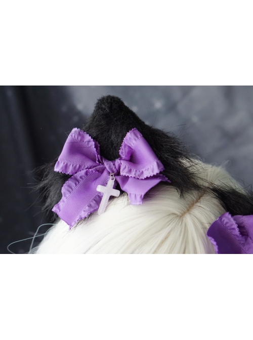 Purple Bow-Knot Cross Decoration Black Handmade Plush Cat Ears Halloween Gothic Lolita Hair Clip