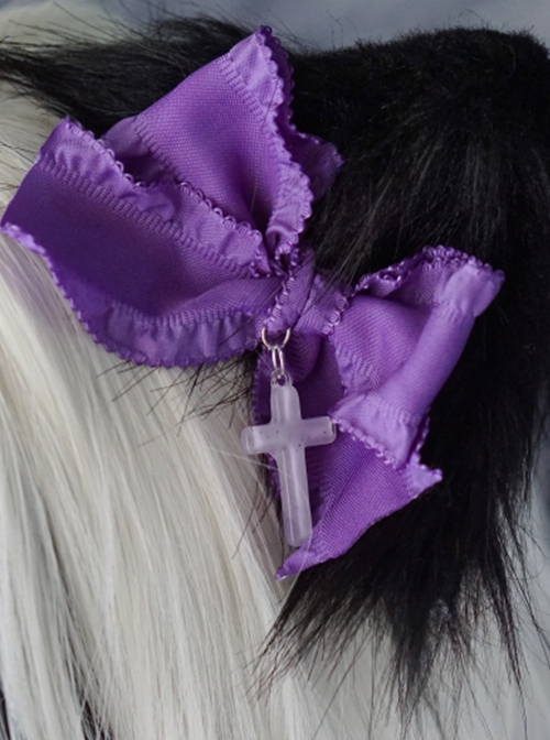 Purple Bow-Knot Cross Decoration Black Handmade Plush Cat Ears Halloween Gothic Lolita Hair Clip