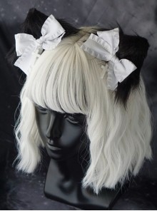 White Bow-Knot Black Plush Cat Ears Halloween Cross Decoration Gothic Lolita Hair Clip