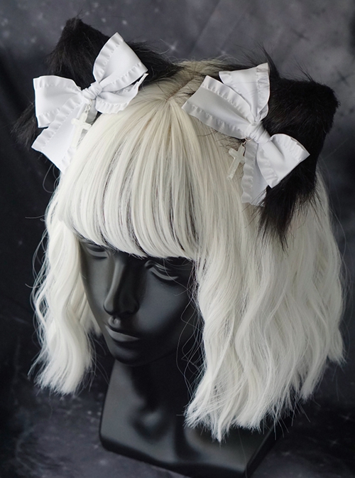 White Bow-Knot Black Plush Cat Ears Halloween Cross Decoration Gothic Lolita Hair Clip