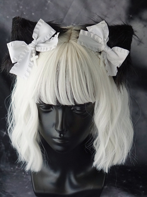 White Bow-Knot Black Plush Cat Ears Halloween Cross Decoration Gothic Lolita Hair Clip