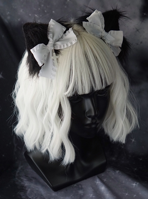 White Bow-Knot Black Plush Cat Ears Halloween Cross Decoration Gothic Lolita Hair Clip