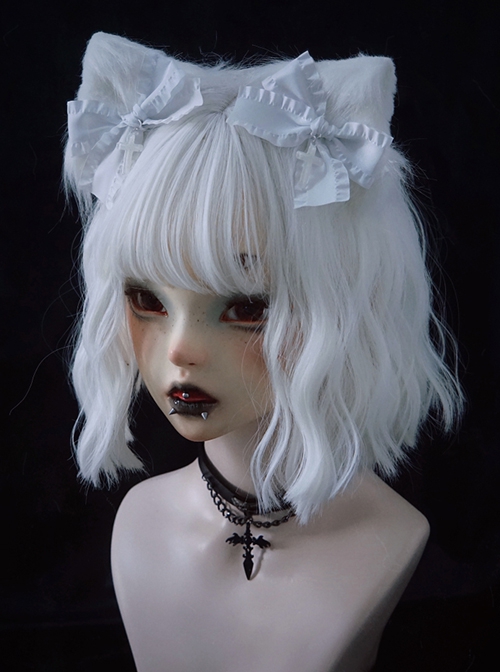 Pure White Handmade Plush Cat Ear Bow-Knot Cross Decoration Halloween Gothic Lolita Hair Clip