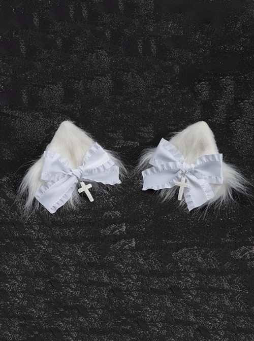 Pure White Handmade Plush Cat Ear Bow-Knot Cross Decoration Halloween Gothic Lolita Hair Clip