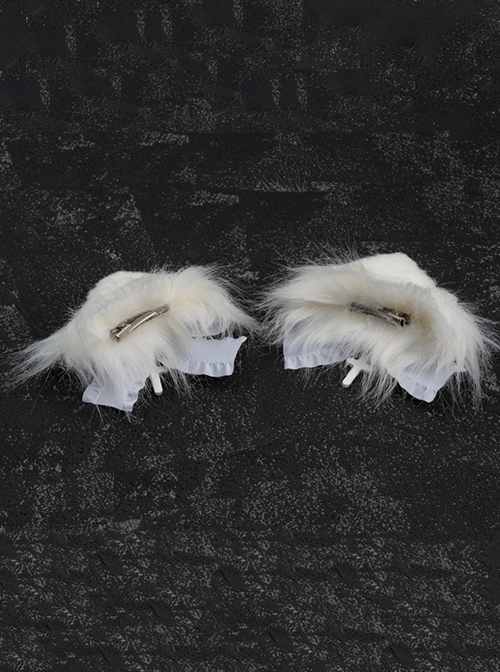 Pure White Handmade Plush Cat Ear Bow-Knot Cross Decoration Halloween Gothic Lolita Hair Clip