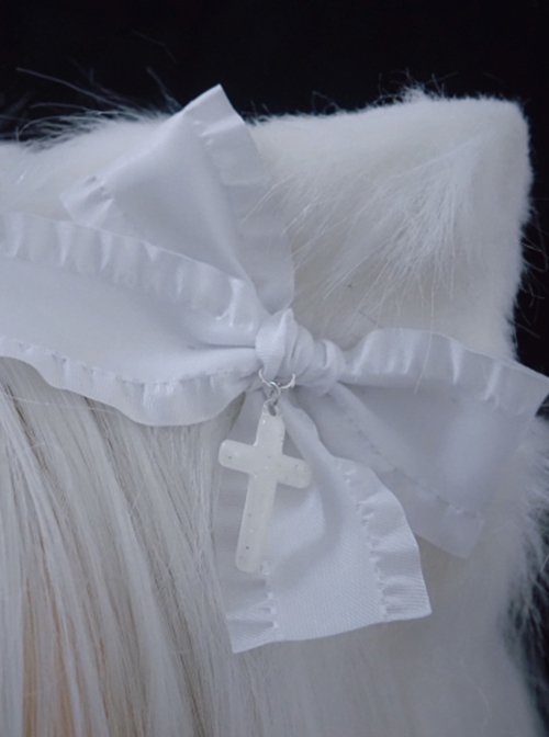 Pure White Handmade Plush Cat Ear Bow-Knot Cross Decoration Halloween Gothic Lolita Hair Clip